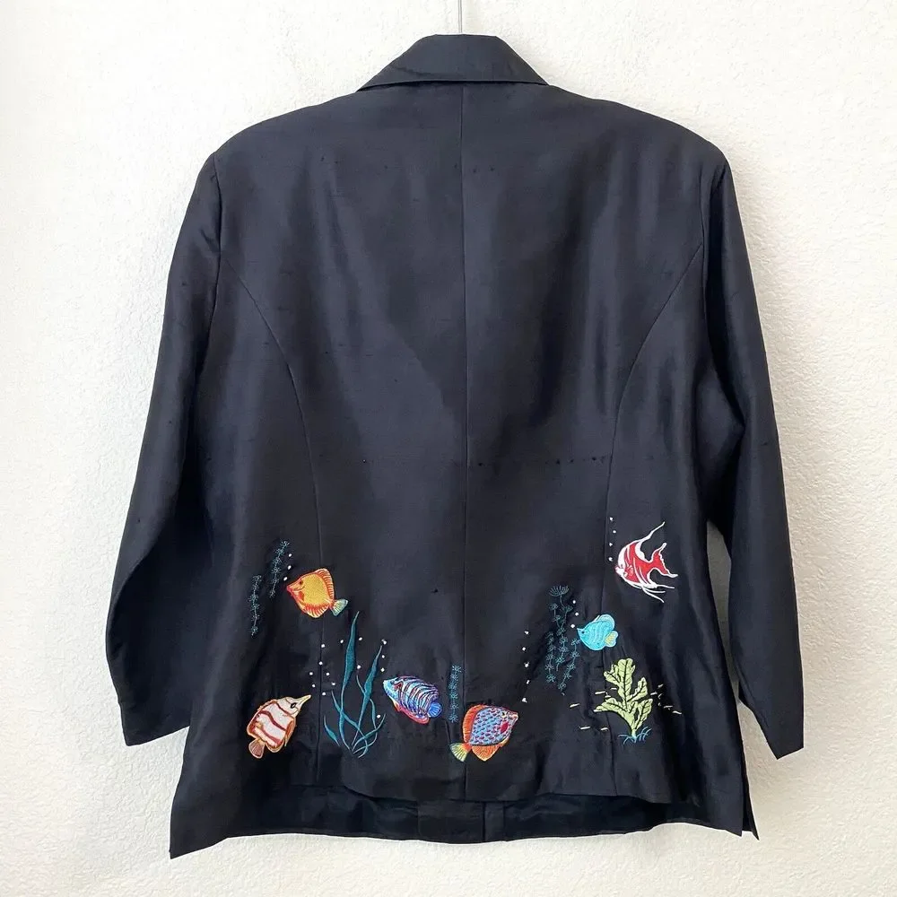 Silkland Blouse Top Womens Size 12 Silk Black Embroidered Fishes - Picture 2 of 7